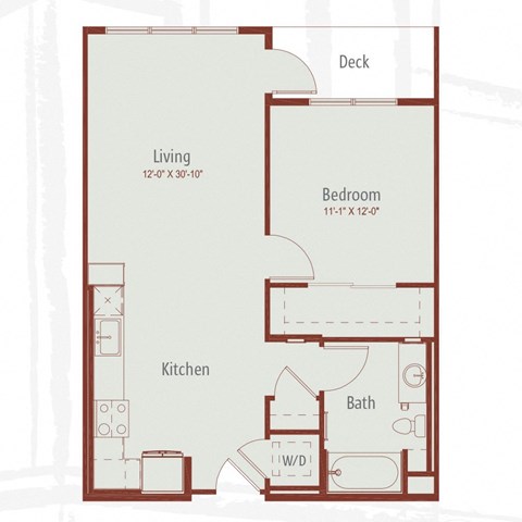 Floor plan for 1 bed, 1 bath, 716 sqft